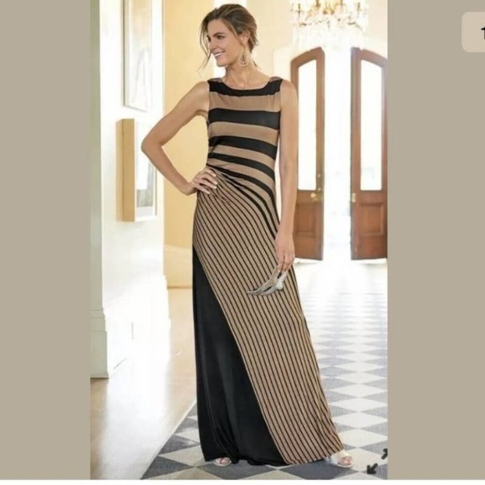 Soft Surroundings Here To Infinity Maxi Dress Tan Black Striped Size Petite XL